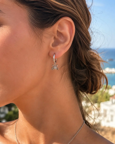 Stainless Steel Hoop Earrings with Crab Charm & Cubic Zirconia