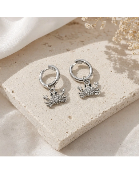 Stainless Steel Hoop Earrings with Crab Charm & Cubic Zirconia