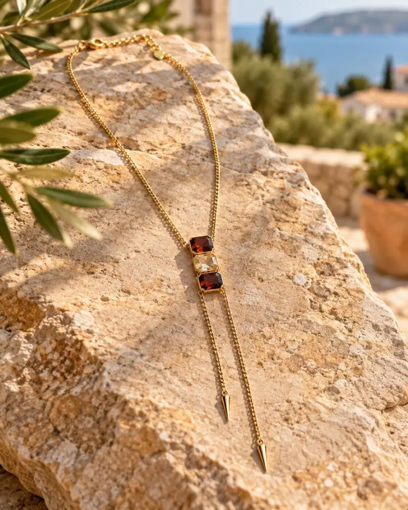 Χρυσό Ατσάλινο Κολιέ Γραβάτα με Πέτρες | P&T DailyFashion