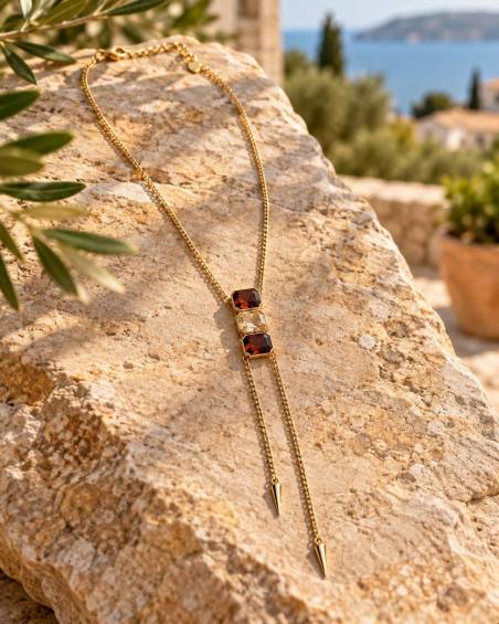 Χρυσό Ατσάλινο Κολιέ Γραβάτα με Πέτρες | P&T DailyFashion