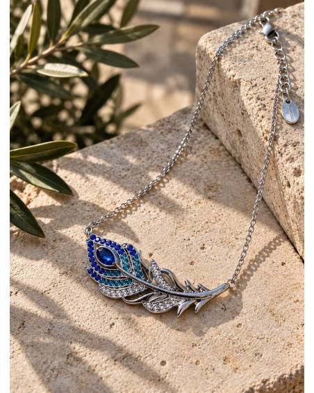 Ασημί Ατσάλινο Κολιέ Φτερό Παγωνιού | P&T DailyFashion