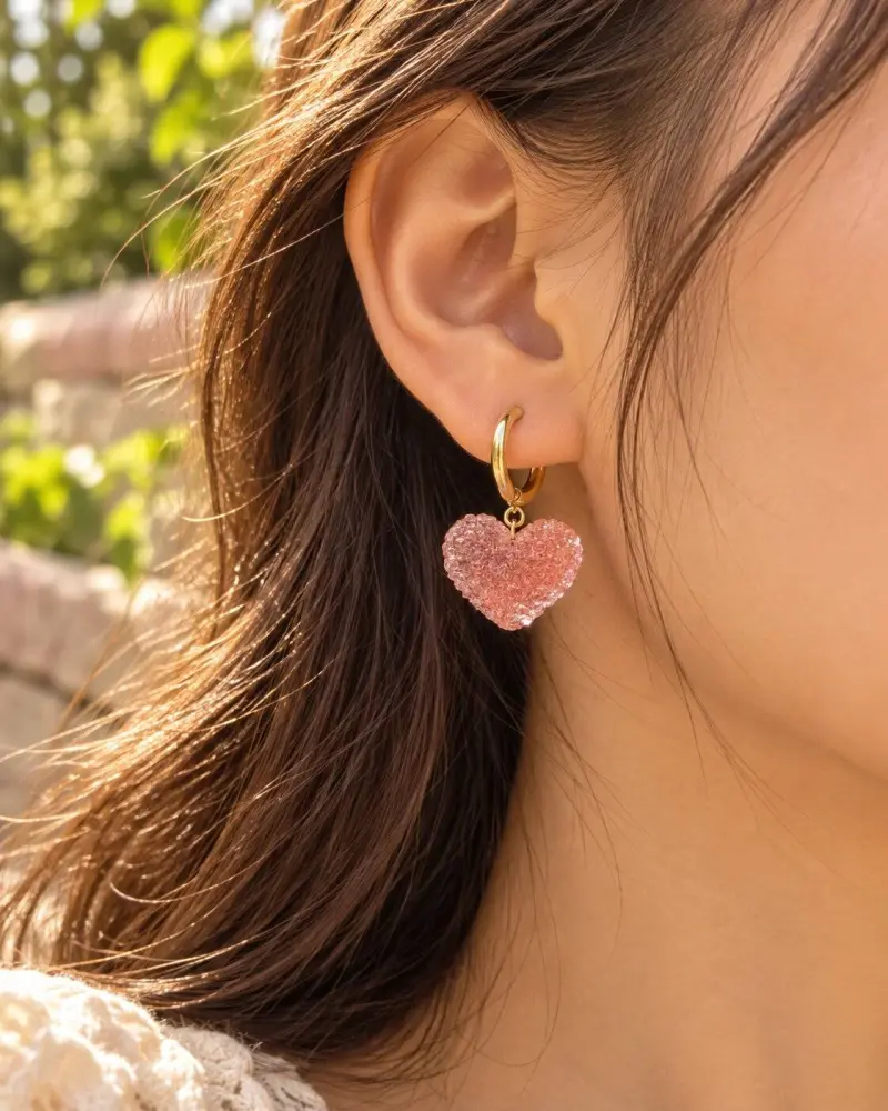 Gold Stainless Steel Pink Heart Hoop Earrings | P&T DailyFashion
