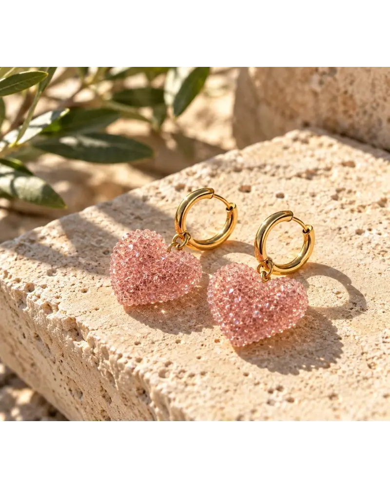 Gold Stainless Steel Pink Heart Hoop Earrings | P&T DailyFashion