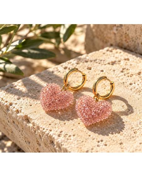 Gold Stainless Steel Pink Heart Hoop Earrings | P&T DailyFashion