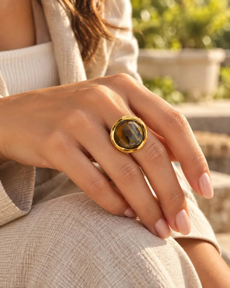 Χρυσό Ατσάλινο Δαχτυλίδι με Καφέ Πέτρα | P&T DailyFashion