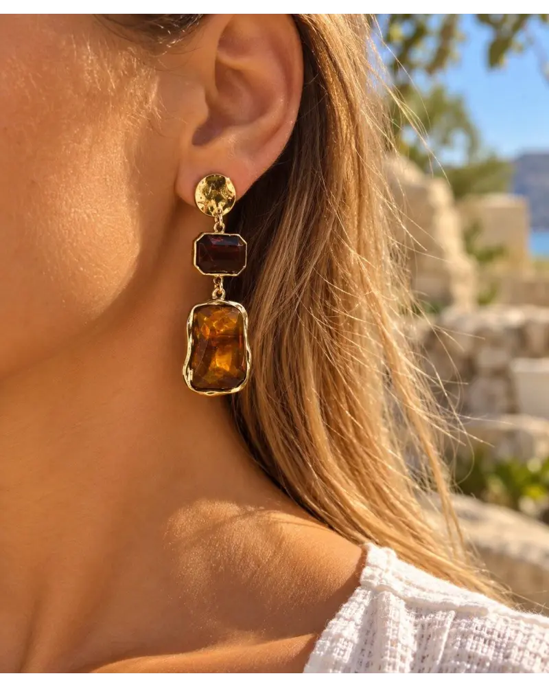 Ατσάλινα Σκουλαρίκια με Καφέ Πέτρες | P&T DailyFashion