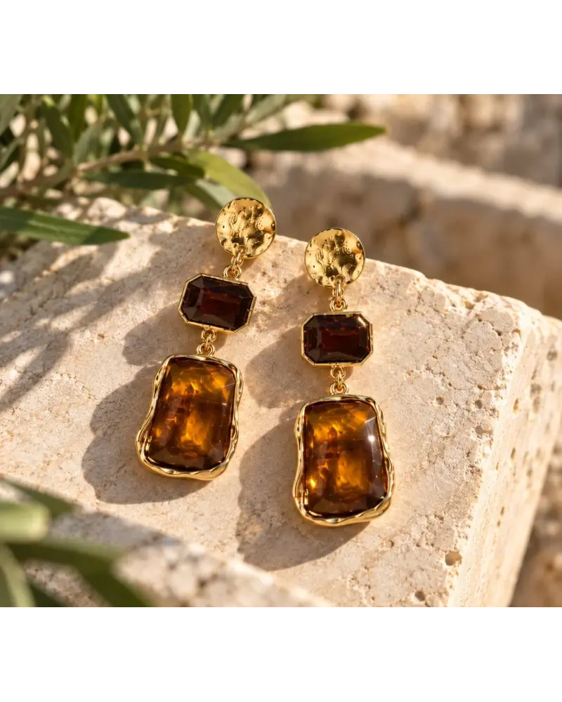 Gold Drop Earrings with Brown Stones | P&T DailyFashion