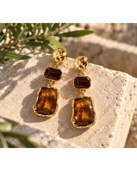 Ατσάλινα Σκουλαρίκια με Καφέ Πέτρες | P&T DailyFashion