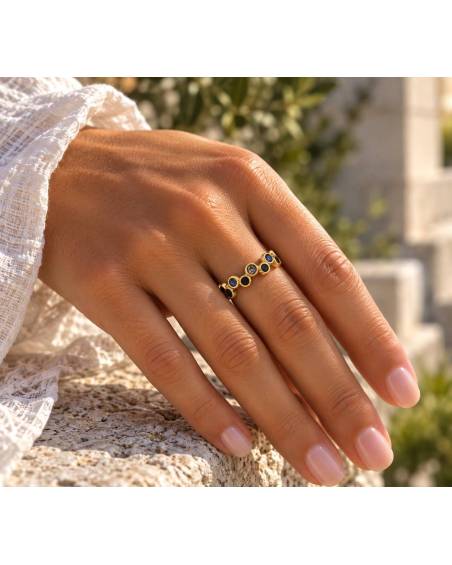 Χρυσό Ατσάλινο Δαχτυλίδι με Μπλε Πέτρες | P&T DailyFashion